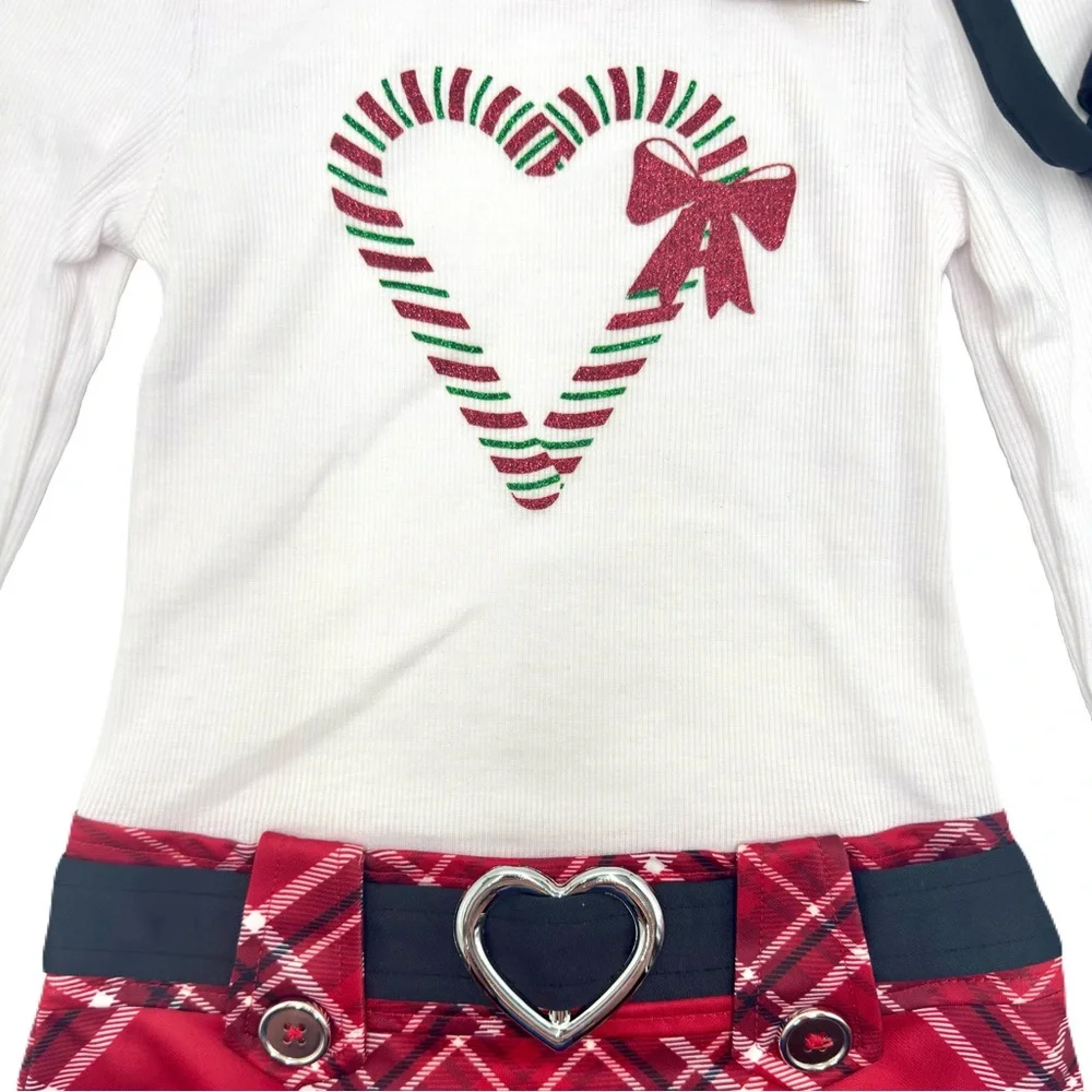 Lilt White and Red Plaid Dress with Glittery Candy Cane Design and Black Purse